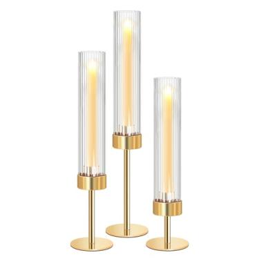 Imagem de Conjunto de 3 castiçais cônicos de metal e acrílico com design canelado - candelabro cilíndrico transparente para casamento, Natal, festa, mesa de jantar decoração de centro de mesa (dourado, conjunto