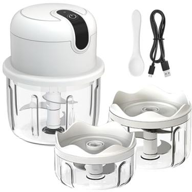 Imagem de RHAFAYRE Mini cortador de alho, cortador de alimentos elétrico sem fio, processador pequeno, 3 xícaras para cebola vegetal, tomate, pimenta, ervas, antiderrapante, inclui cabo USB, 680 g, branco