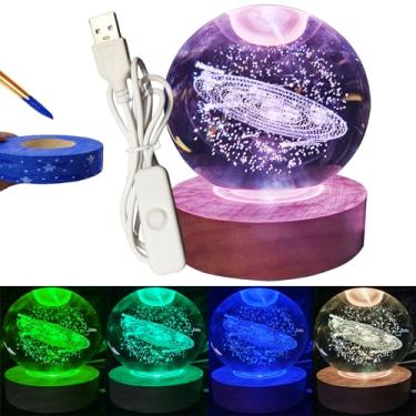 Imagem de KAZETEC Bola de cristal do sistema solar gravada em 3D com base de madeira LED de 7 cores - presente de Páscoa, presentes de astronomia, projetos de luzes celestiais, perfeita para adultos astrófilos