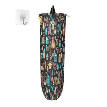 Imagem de Wassud Pacote com 2 suportes de saco de plástico com padrão de objetos coloridos, suporte de parede para sacola de mercearia, armazenamento de cozinha para decoração de despensa de cozinha em casa