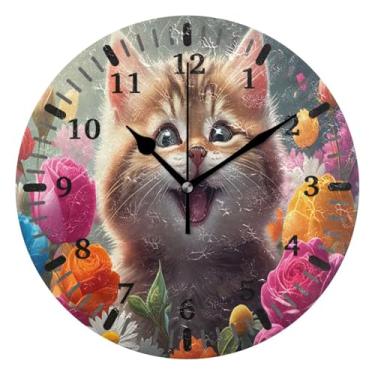 Imagem de CEBUGI Relógio de parede flor gatinho operado a bateria relógios redondos silenciosos sem tique-taque relógios de parede para cozinha, banheiro, quarto, escritório, decoração 25,4 cm