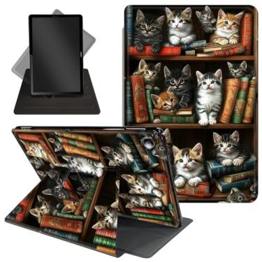 Imagem de Capa para tablet Amazon Kindle Fire HD 10 e Fire HD 10 Plus (11ª geração, versão 2021) 10,1 polegadas com suporte giratório de 360 graus, função de despertar/dormir, estante vintage e gatos