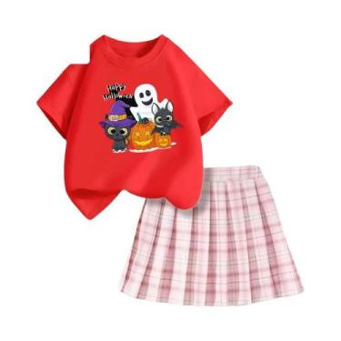 Imagem de Conjunto De Camiseta E Saia Xadrez Com Estampa De Gato Fantasma De Hal