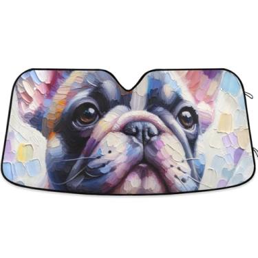 Imagem de Persiana de sol colorida personalizada com estampa de cachorro Pug para para-brisas de carro de caminhão dobrável engraçado para janelas dianteiras automotivas S, 134,6 cm x 59,7 cm