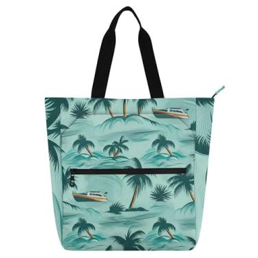 Imagem de GAIGEO Bolsa de trabalho feminina tropical Island Palm Teal com zíper para professores, presente para amantes de livros