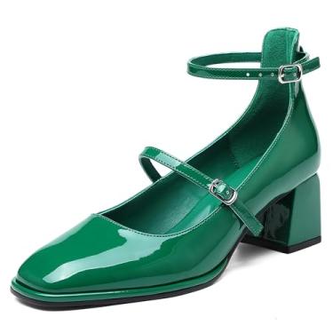 Imagem de NEWBELLA Sapato feminino vintage de salto grosso Mary Jane, Verde, 39 BR