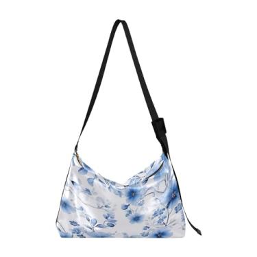 Imagem de Bolsa de ombro feminina de couro com folhas verdes, bolsa tiracolo de couro vegano, bolsa de ombro transversal, Linda flor azul em branco-1, One Size