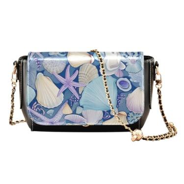 Imagem de GAIGEO Food Items Bolsas femininas transversais, bolsa transversal com corrente, presentes de couro para mulheres, Conchas e estrelas do mar em azul e cinza - 4, One Size