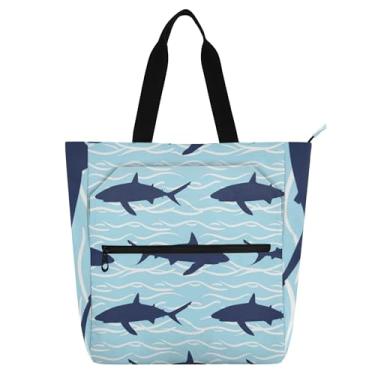 Imagem de GAIGEO Dark Sharks Bolsa de trabalho azul claro para mulheres, bolsa de lona para livros de praia com zíper, bolsas de uso diário com compartimentos