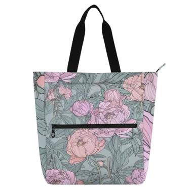 Imagem de GAIGEO Sacola floral rosa peônia para mulheres crianças com zíper livro professor escola bolsa de trabalho reutilizável bolsa de lona