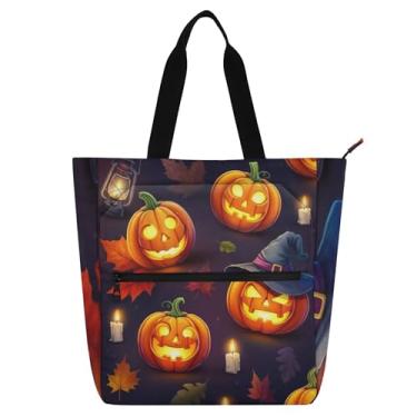 Imagem de GAIGEO Bolsa de trabalho feminina com rosto de abóboras de Halloween com zíper, bolsa de praia, professores, amantes de livros