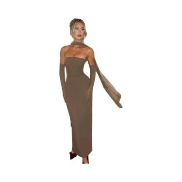 Imagem de Vestido Maxi Sem Alças Para Mulheres, Elegante Com Luvas De Malha, Mod