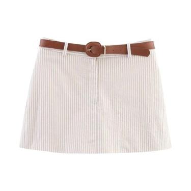 Imagem de Calças Saia Listradas Femininas Slim Fit Com Cinto Moda Verão 2025 - N