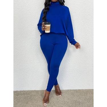 Imagem de Conjunto feminino de 2 peças de gola rolê azul real - blusa assimétrica de manga comprida e roupa legging, Azul, M