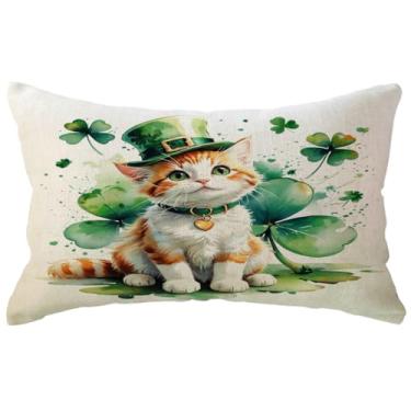 Imagem de Capa de almofada Lucky Cat com chapéu de duende primavera feriado capa de almofada 30 × 50 cm fazenda trevo irlandês trevo gatinho fronha decoração do dia de São Patrício para sofá/sofá/varanda (verde