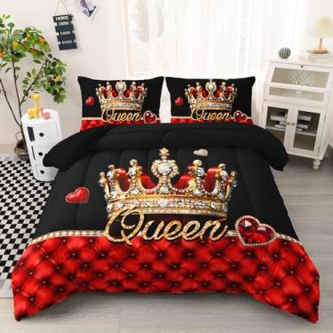 Imagem de AILONEN Jogo de cama feminino vermelho e preto, tamanho Queen, 3 peças, estampa de coroa de rainha dourada, conjunto de edredom feminino com coroa de diamante 3D e 2 fronhas