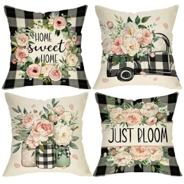 Imagem de Fjfz Capas de almofada decorativas primavera verão flor rosa 45,7 x 45,7 cm conjunto de 4, grinalda floral casa doce lar apenas florescer decoração de varanda, buffalo, xadrez, caminhão, pedreiro