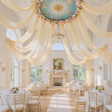 Imagem de Cortinas de teto de casamento champanhe, 6 painéis, 1,5 m x 6 m, tecido transparente com bolso para pendurar, cortina de teto de champanhe, adequada para decoração de recepção de chá de bebê, arco de