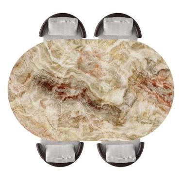 Imagem de Toalha de mesa oval com borda elástica com fundo de textura de mármore, formato oval com tecido elástico de poliéster, capa decorativa resistente à água, configuração de festa, decoração de casa