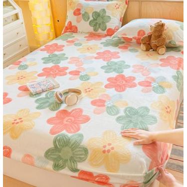 Imagem de J-pinno Jogo de lençol com elástico de flor grande, colorido, para crianças, adolescentes, adolescentes, flanela, veludo, felpudo, grosso, durável, decoração para presente, 1 lençol com elástico e 1