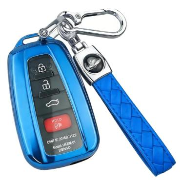 Imagem de MILD EAST Capa para chaveiro Toyota com chaveiro de couro, capa de controle remoto de TPU premium compatível com Toyota Avalon Highlander Corolla RAV4 C-HR Camry 86/GT86 (azul)