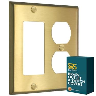 Imagem de Rio Salto Tampa de tomada dourada de metal, placa de parede, placa de interruptor de luz dupla resistente à corrosão, combo de 2 bandas, tamanho padrão, latão escovado, combinação de balancim duplex