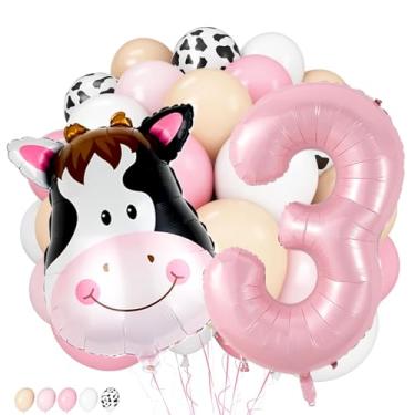 Imagem de Decorações de 3º aniversário para meninas, balões de vaca, rosa 3 balões número 101 cm, rosa creme bege balões brancos para decorações de festa de aniversário de vaca de fazenda