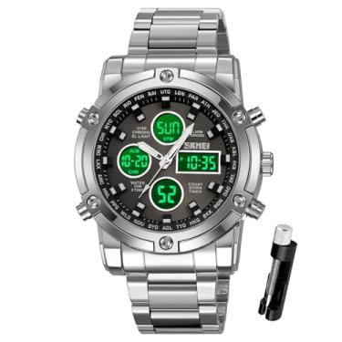 Imagem de SKMEI Relógio de pulso masculino, relógios digitais analógicos militares à prova d'água com cronógrafo multihorário de LED, relógios executivos de aço inoxidável para homens, 2556-Preto