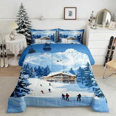 Imagem de Manfei Conjunto de edredom Queen com inclinação de esqui, 3 peças, rústica, neve, montagem, pinheiros, montanhismo, carro, esportes radicais, conjunto de colcha para jovens adultos, 2 fronhas