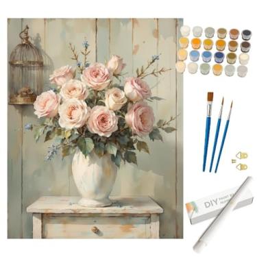 Imagem de Kit de pintura de natureza morta por números para adultos – pintura de rosas DIY em vaso enrolada em tela 40,6 x 50,8 cm, conjunto de tinta acrílica, adequado para iniciantes, arte para decoração de