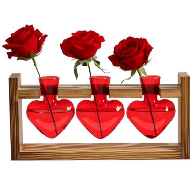 Imagem de Remerry Terrário de plantas de dia dos namorados com suporte de madeira coração amor bulbo vaso de vidro plantador estação de propagação plantador de mesa para decoração hidropônica amante de plantas