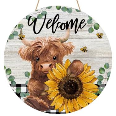Imagem de YINENA Girassol de verão highland vaca placa de porta cabide de porta de madeira decoração de varanda exterior guirlanda de madeira casa de fazenda decoração de parede interna