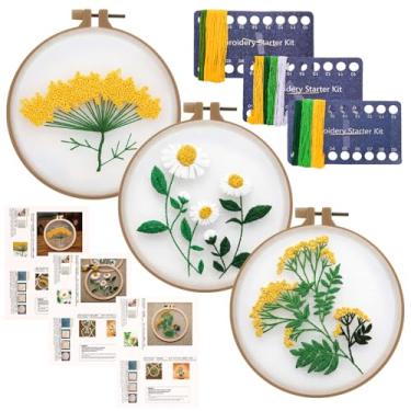 Imagem de Ovveroche 3 conjuntos de kit de bordado para iniciantes, kits de ponto cruz de flores para adultos, iniciante, prática de artesanato à mão com padrão floral estampado amarelo
