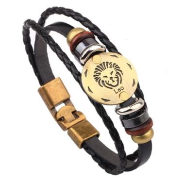 Imagem de Pulseira masculina e feminina de couro do zodíaco vintage punk com fecho multitrançado, presente fácil de colocar para ele e ela, One Size, Cristal, Ametista criada