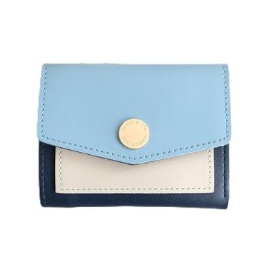 Imagem de Carteira feminina de couro genuíno com dobra dupla/tripla - Suporte minimalista para cartão de crédito com bloqueio de RFID e bolso para moedas, Azul, Casual