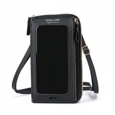 Imagem de Carteira feminina de couro genuíno com dobra dupla/tripla - Suporte minimalista para cartão de crédito com bloqueio de RFID e bolso para moedas, Preto, Casual