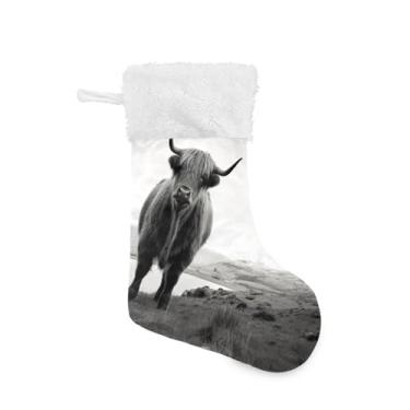 Imagem de ATTX Meias de Natal de vaca Highland, suportes de presente brancos de pelúcia para decorações de festas de fim de ano (17,7 polegadas, 1 pacote) #377