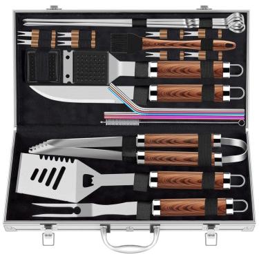 Imagem de Kit Churrasco na Grelha 25 Peças de Aço Inoxidável e Escova de Limpeza com Estojo de zenamento, ROMANTICIST grill accessories, Marrom