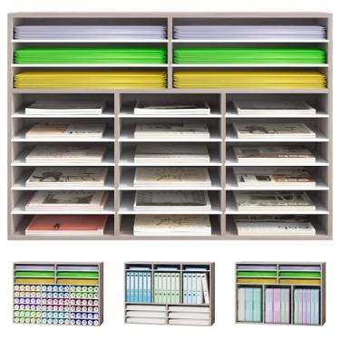 Imagem de Alpeir Organizador de armazenamento de papel de mesa, 24 compartimentos para papel e scrapbook A4 e A3, organizadores de artesanato de madeira Cricut e armazenamento com divisórias ajustáveis para