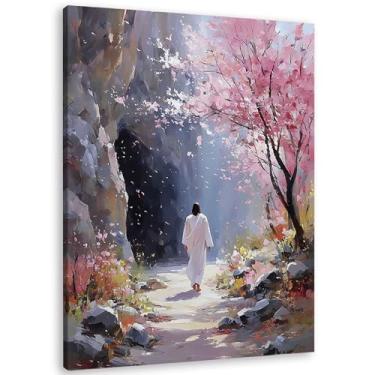 Imagem de TLESKE Decoração de parede floral de Jesus Páscoa cristã 28 x 35 cm, tela de túmulo vazio religioso para quarto, sala de estar, flores silvestres da primavera He Is Risen arte de parede