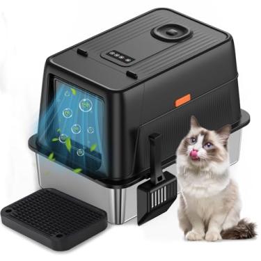 Imagem de Caixa de areia para gatos de aço inoxidável, caixa removível para gatos com controle de odor de íons negativos, incluindo pá e degrau, caixa de areia XXL com tampa para gatos grandes (62 x 41 x 44 cm)