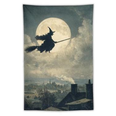 Imagem de Tapeçaria vintage de Halloween bruxa na vassoura lua cheia horizonte assustador decoração de parede sala de estar quarto decoração de casa exclusivo pendurado têxtil 102 x 152 cm tapeçaria