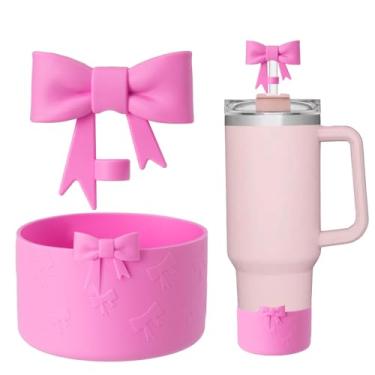 Imagem de Lnulyaciy Bota Stanley protetora de silicone Bow para 20/30/1,134 g, pacote com 2 acessórios Stanley Cup compatíveis de 340 a 680 g para botas Hydroflask e mais (conjunto rosa claro)