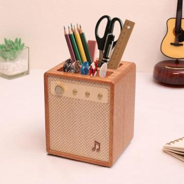 Imagem de CoolGift Mart Acessórios para guitarra, suporte de palheta de guitarra estilo amplificador de madeira Sapele com armazenamento de caneta, organizador de mesa, presente para guitarristas para guardar