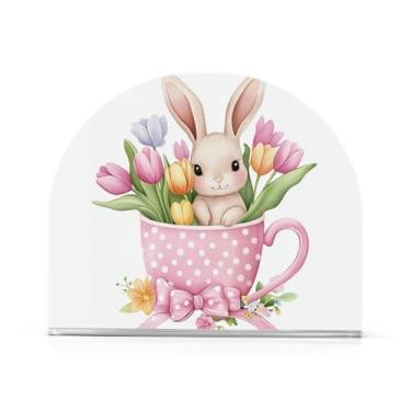 Imagem de Bonito coelho de férias de Páscoa com porta-guardanapos de flor de tulipa para mesa dispensador de guardanapos de férias decorativos suportes de guardanapo de coquetel de acrílico suporte de
