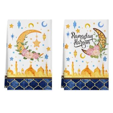 Imagem de XCHI Golden Castle Luas Estrelas Lanterna Flores Ramadã Kareem Toalhas de Cozinha Toalhas de Prato 45 x 66 cm Decorações de Casa Toalhas de Mão Conjunto de 2 panos de prato de secagem