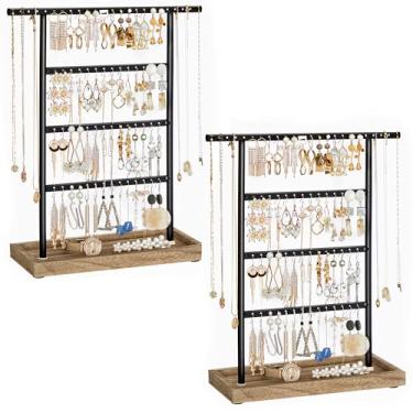 Imagem de SONGMICS Conjunto de 2 organizadores de joias, suportes de brincos de 4 camadas com bandeja de base, para brincos e colares, vintage, cor de madeira e preto UJJS019B01-2J