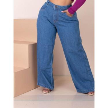 Imagem de Calça Jeans Feminina Wideleg Plus Size Cintura Alta 
