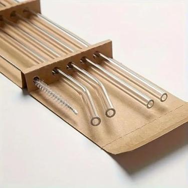 Imagem de Pacote com 4 canudos de vidro transparente de 8 mm com 1 escova de limpeza, canudos reutilizáveis resistentes ao calor para copos esportivos e uso diário