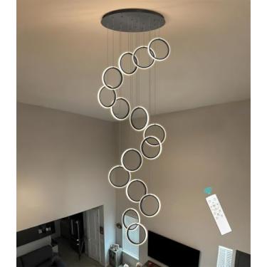 Imagem de Luminária pendente LED moderna com anel longo para escada, ideal para sala de estar, lustre de alumínio com regulagem de intensidade, estilo Xuanguan, perfeita para sala de jantar, quarto, e